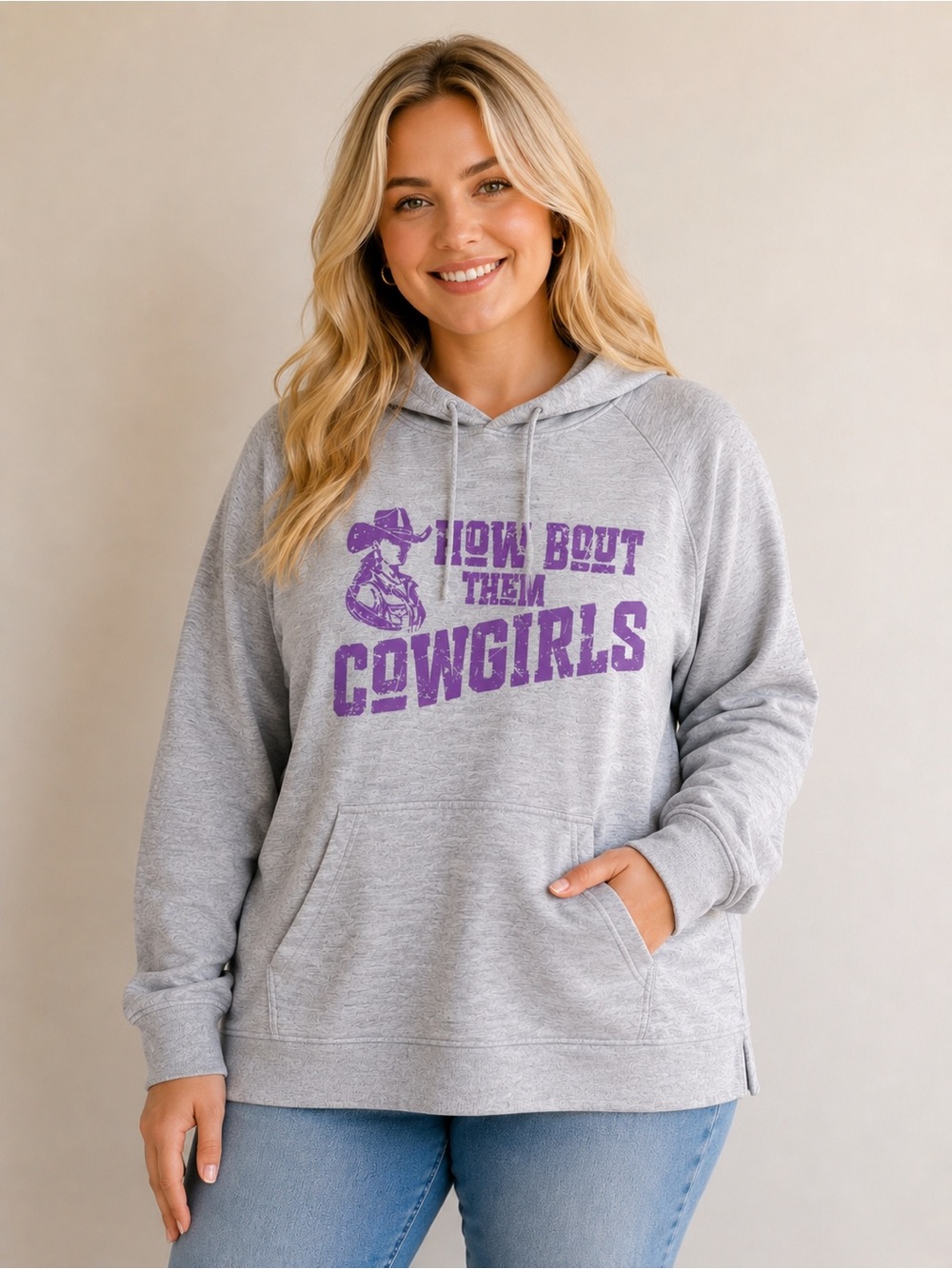 Sport-Tek Heather Gray Hoodie with Purple “How ‘Bout Them Cowgirls” Graphic